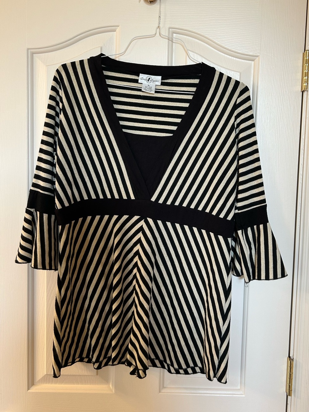 V-Neck Black & Cream Striped Bell Sleeve Tunic